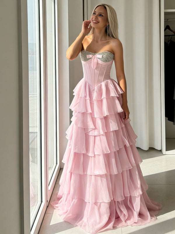 A-Line Sweetheart Corset Empire Waist Tiered Ruffle Long Prom Dresses with Bow
