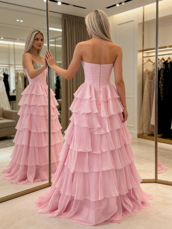 A-Line Sweetheart Corset Empire Waist Tiered Ruffle Long Prom Dresses with Bow