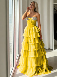 A-Line Sweetheart Corset Empire Waist Tiered Ruffle Long Prom Dresses with Bow