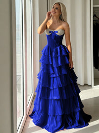 A-Line Sweetheart Corset Empire Waist Tiered Ruffle Long Prom Dresses with Bow