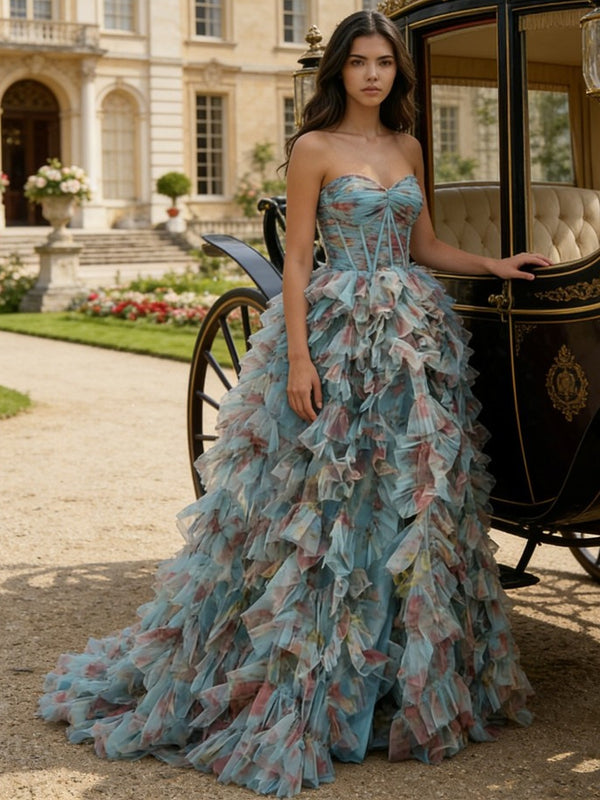 A-Line Sweetheart Corset Tiered Ruffle Long Prom Dresses with Floral Print Tulle Ball Gown