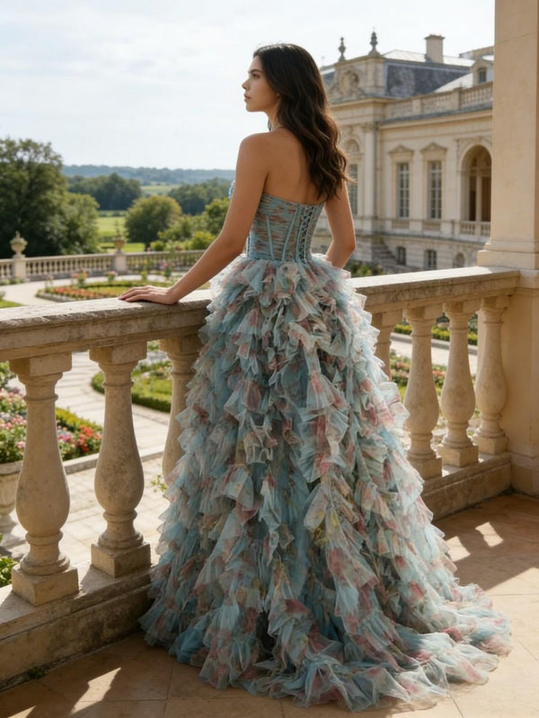 A-Line Sweetheart Corset Tiered Ruffle Long Prom Dresses with Floral Print Tulle Ball Gown