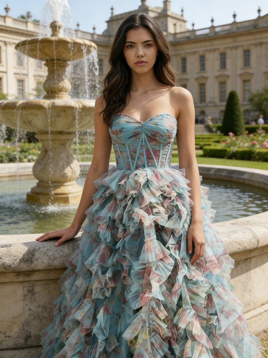 A-Line Sweetheart Corset Tiered Ruffle Long Prom Dresses with Floral Print Tulle Ball Gown