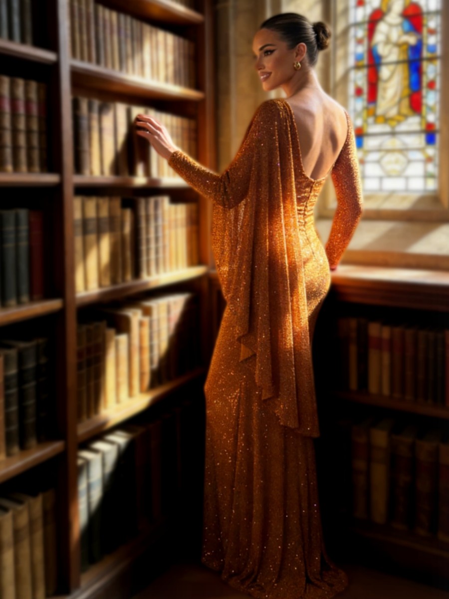 Mermaid Long Sleeve Asymmetrical Sequin Long Evening Dresses with Drape