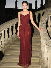 Cut-Out Sequin Sheath Spaghetti Strap Sweetheart Long Prom Dresses