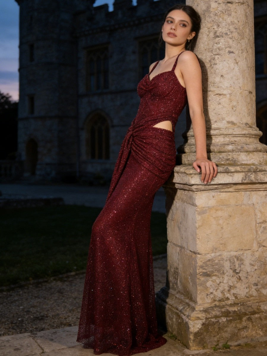 Cut-Out Sequin Sheath Spaghetti Strap Sweetheart Long Prom Dresses
