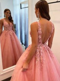 3D Floral Lace Applique V-Neck Long Prom Dresses Tulle A-Line Ball Gown