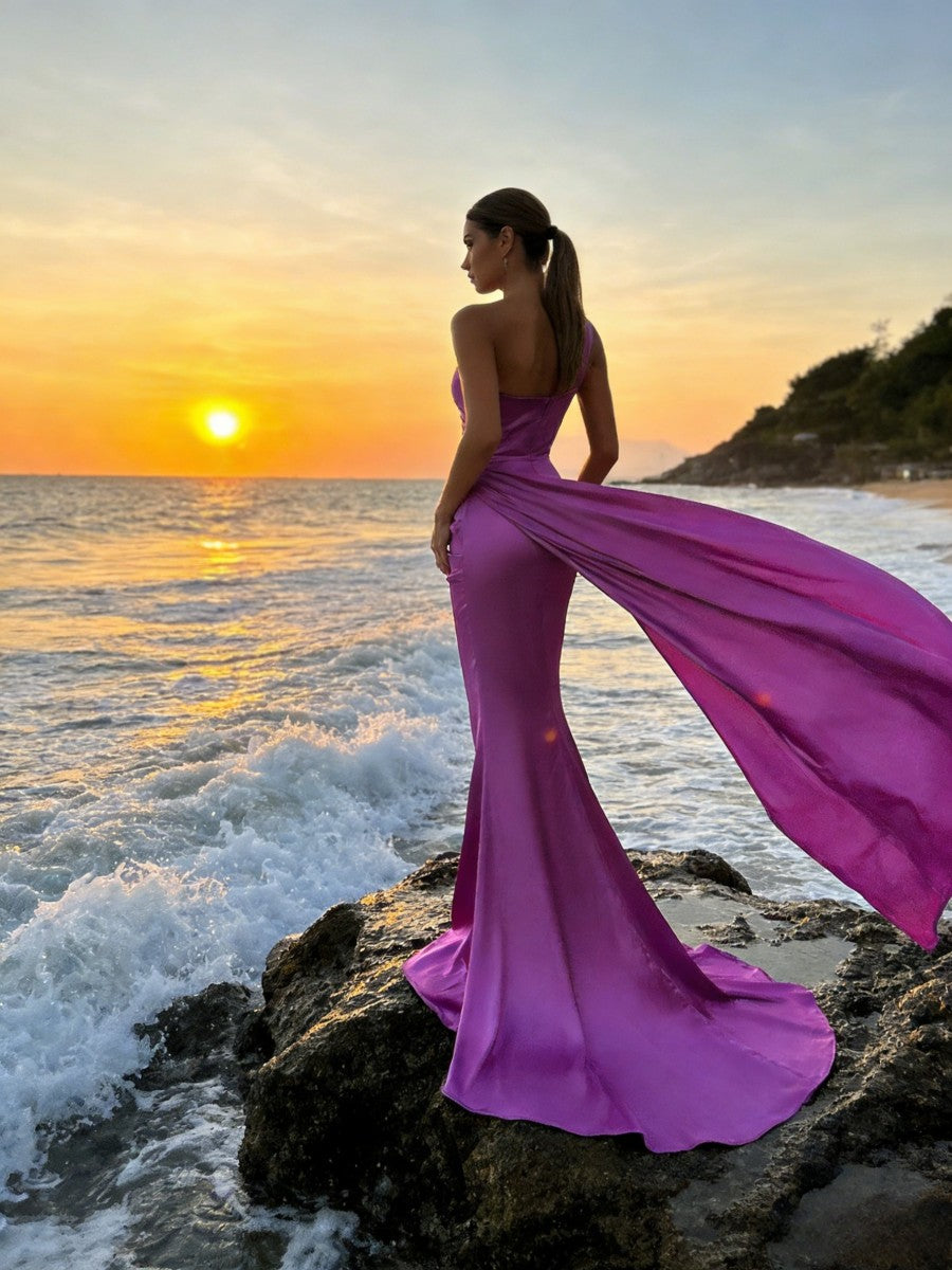 Modest Mermaid One Shoulder Satin Ruched Long Evening Dresses with Side Train