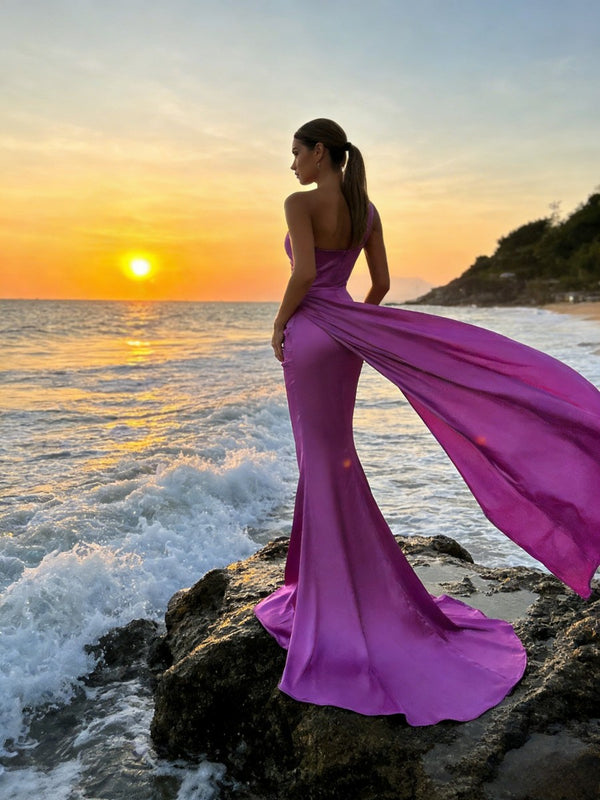 Modest Mermaid One Shoulder Satin Ruched Long Evening Dresses with Side Train