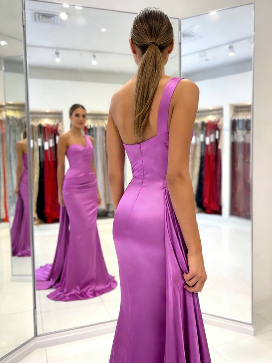 Modest Mermaid One Shoulder Satin Ruched Long Evening Dresses with Side Train