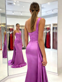 Modest Mermaid One Shoulder Satin Ruched Long Evening Dresses with Side Train