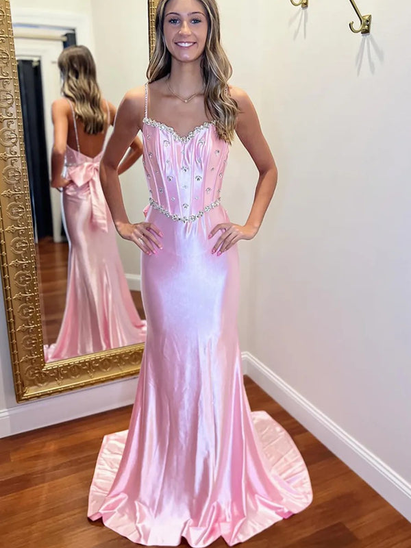 Spaghetti Strap V-Neck Bow Back Mermaid Long Prom Dresses with Sparkly Appliques