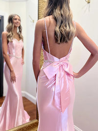 Spaghetti Strap V-Neck Bow Back Mermaid Long Prom Dresses with Sparkly Appliques