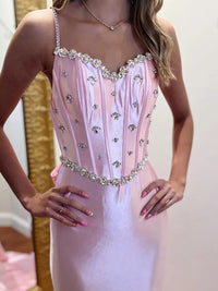 Spaghetti Strap V-Neck Bow Back Mermaid Long Prom Dresses with Sparkly Appliques