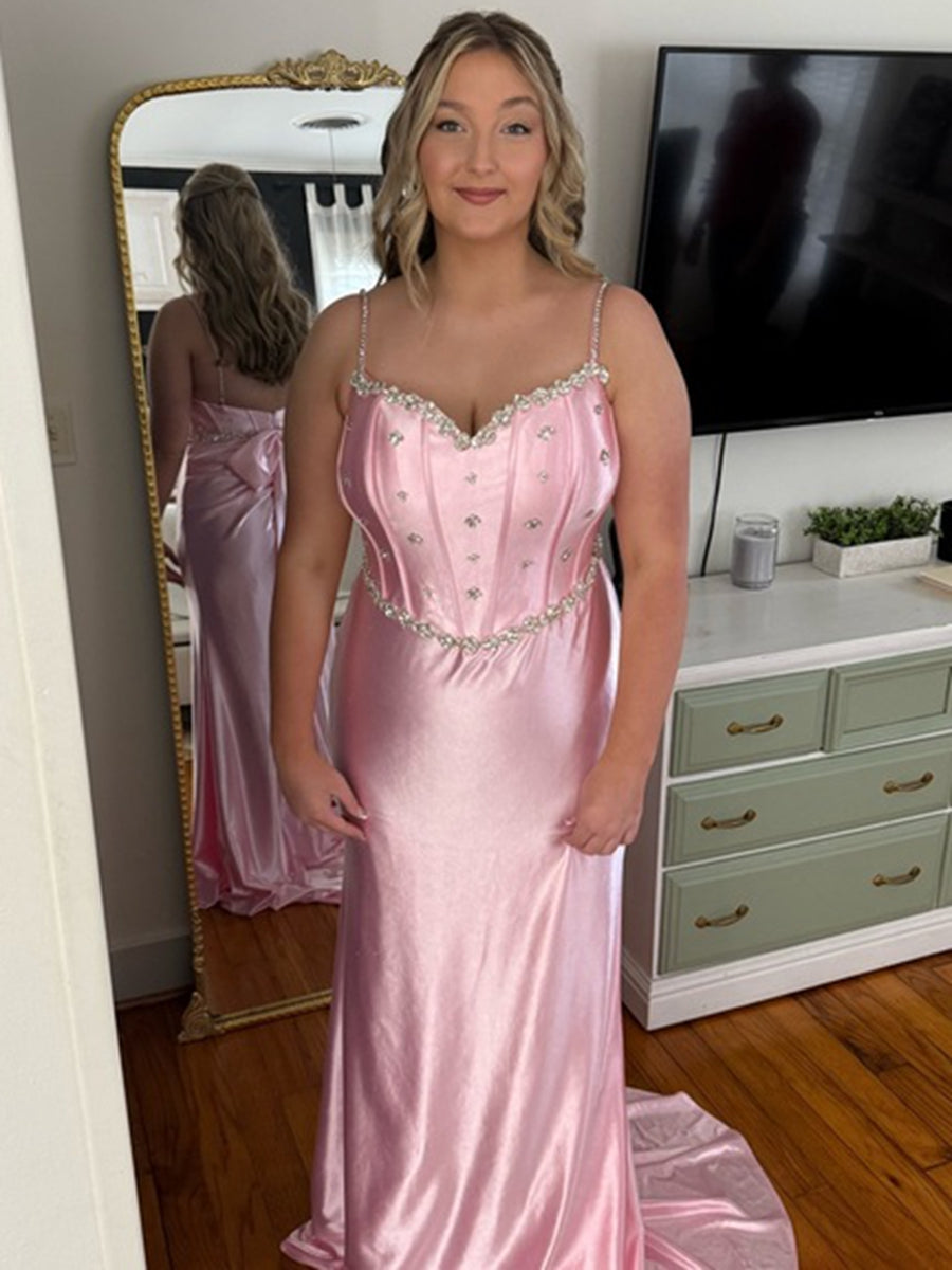 Spaghetti Strap V-Neck Bow Back Mermaid Long Prom Dresses with Sparkly Appliques