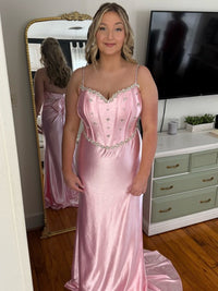 Spaghetti Strap V-Neck Bow Back Mermaid Long Prom Dresses with Sparkly Appliques