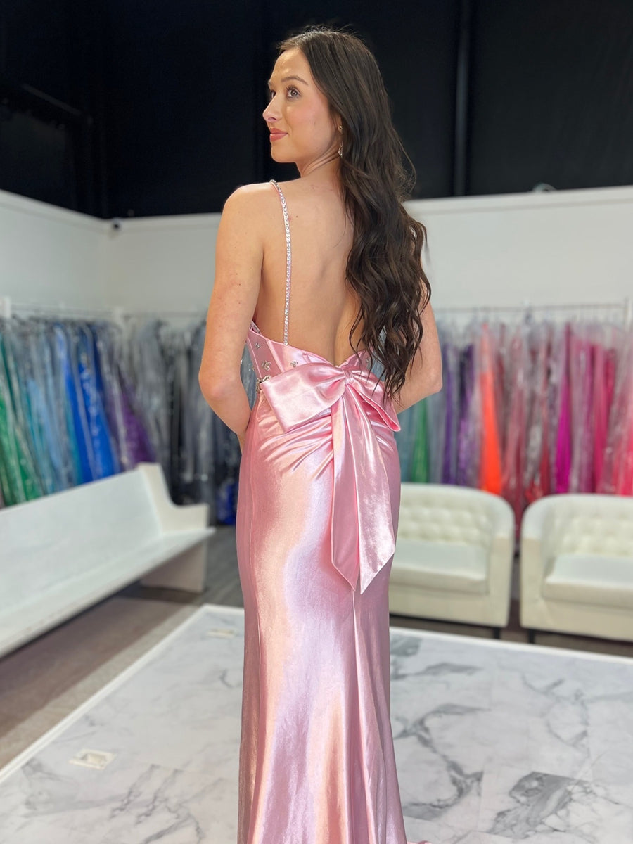 Spaghetti Strap V-Neck Bow Back Mermaid Long Prom Dresses with Sparkly Appliques