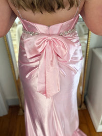 Spaghetti Strap V-Neck Bow Back Mermaid Long Prom Dresses with Sparkly Appliques