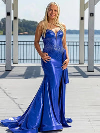 Sweetheart Satin Ruffle Mermaid Long Prom Dresses with Beading