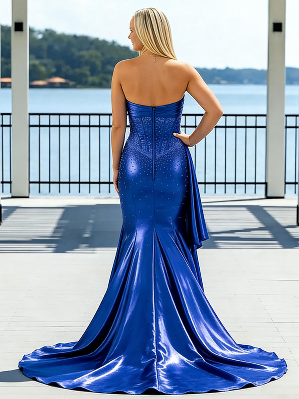 Sweetheart Satin Ruffle Mermaid Long Prom Dresses with Beading
