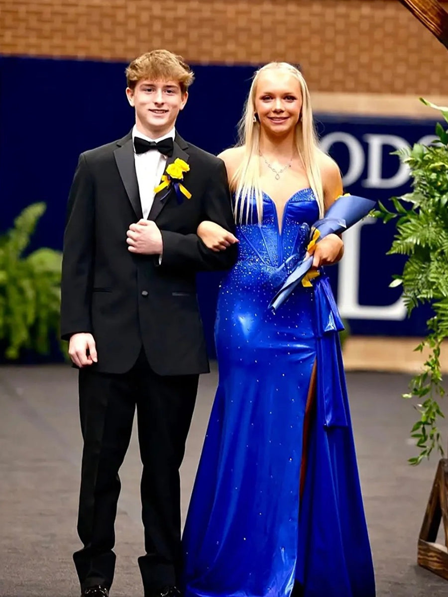 Sweetheart Satin Ruffle Mermaid Long Prom Dresses with Beading