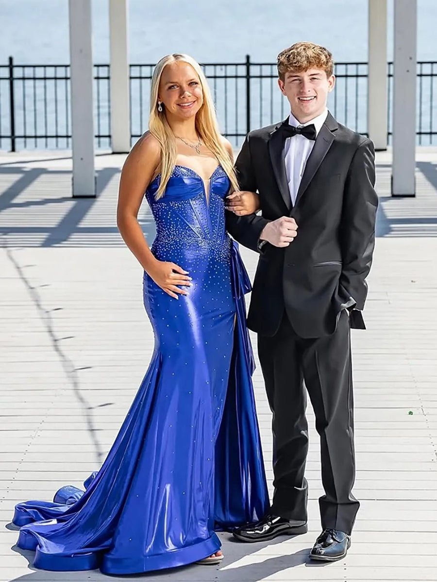 Sweetheart Satin Ruffle Mermaid Long Prom Dresses with Beading
