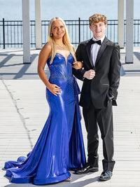 Sweetheart Satin Ruffle Mermaid Long Prom Dresses with Beading