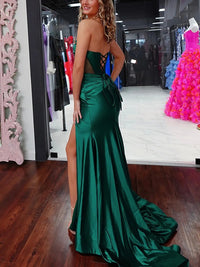 Sweetheart Drop Waist Ruched Satin Mermaid Long Prom Dresses with Beading