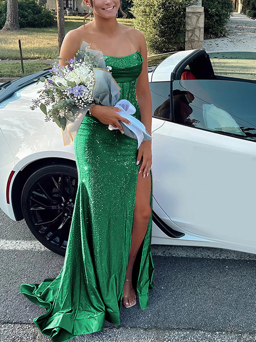 Strapless Cowl Neck Beading Mermaid Long Prom Dresses