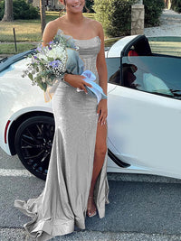 Strapless Cowl Neck Beading Mermaid Long Prom Dresses