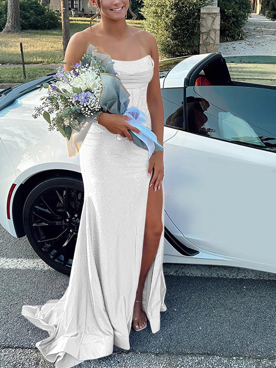 Strapless Cowl Neck Beading Mermaid Long Prom Dresses
