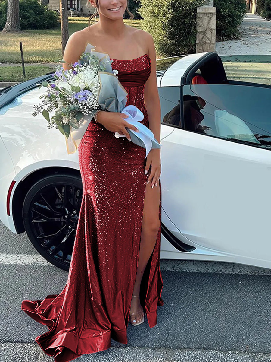 Strapless Cowl Neck Beading Mermaid Long Prom Dresses