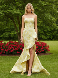 Mermaid/Trumpet Strapless Jacquard Long Prom Dresses with Ruffle Slit