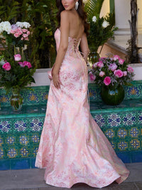 Mermaid/Trumpet Strapless Jacquard Long Prom Dresses with Ruffle Slit