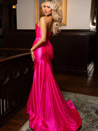 Strapless Ruched Waist Satin Long Prom Dresses with Side Slit