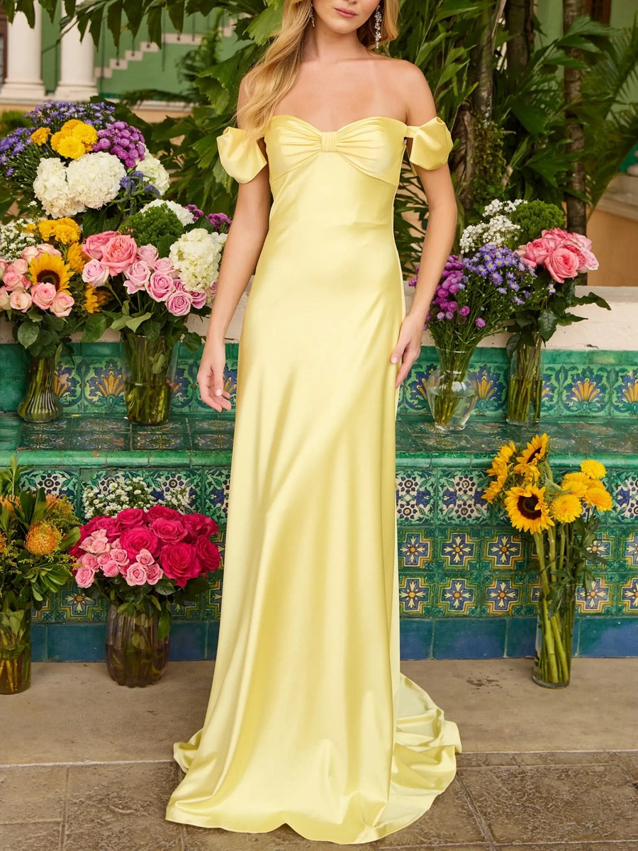 Sheath/Column Off Shoulder Sweetheart Corset Satin Long Prom Dresses with Bows Women Formal Gowns