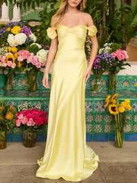 Sheath/Column Off Shoulder Sweetheart Corset Satin Long Prom Dresses with Bows Women Formal Gowns
