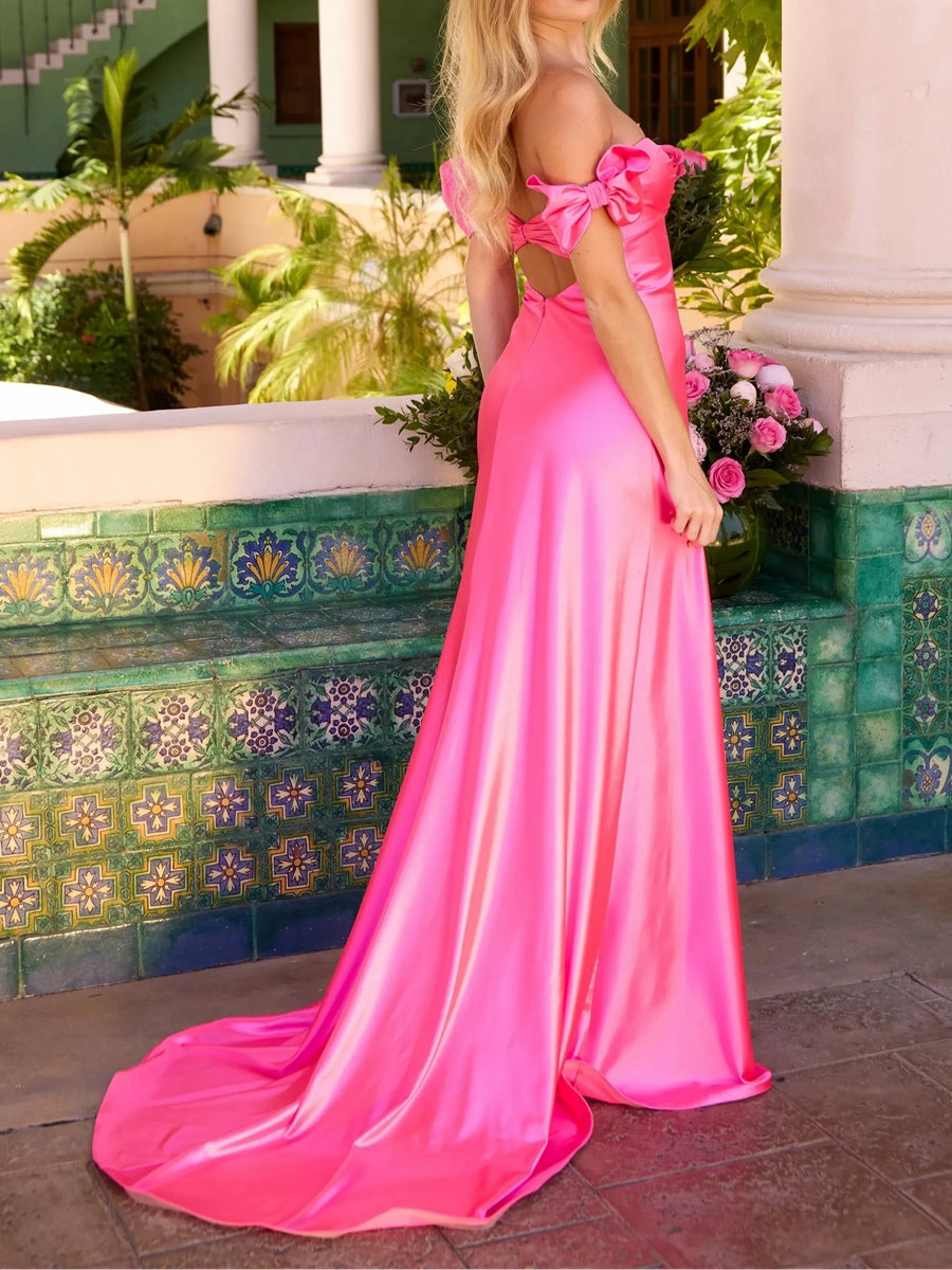 Sheath/Column Off Shoulder Sweetheart Corset Satin Long Prom Dresses with Bows Women Formal Gowns