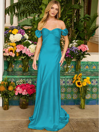 Sheath/Column Off Shoulder Sweetheart Corset Satin Long Prom Dresses with Bows Women Formal Gowns