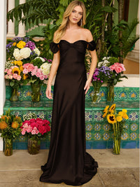 Sheath/Column Off Shoulder Sweetheart Corset Satin Long Prom Dresses with Bows Women Formal Gowns
