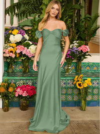 Sheath/Column Off Shoulder Sweetheart Corset Satin Long Prom Dresses with Bows Women Formal Gowns