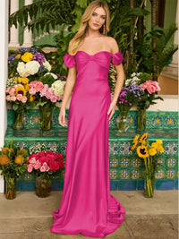 Sheath/Column Off Shoulder Sweetheart Corset Satin Long Prom Dresses with Bows Women Formal Gowns