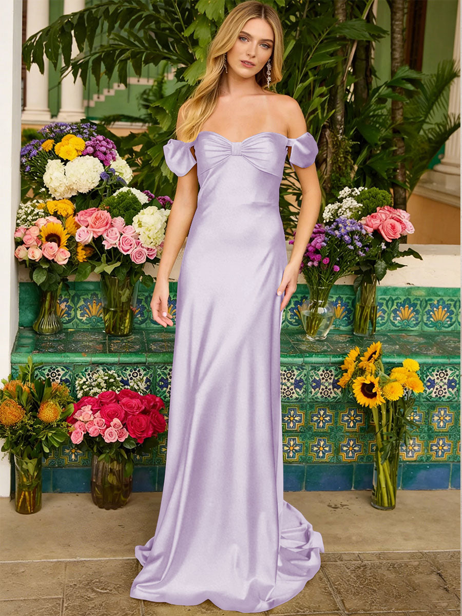 Sheath/Column Off Shoulder Sweetheart Corset Satin Long Prom Dresses with Bows Women Formal Gowns