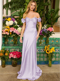 Sheath/Column Off Shoulder Sweetheart Corset Satin Long Prom Dresses with Bows Women Formal Gowns