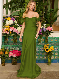Sheath/Column Off Shoulder Sweetheart Corset Satin Long Prom Dresses with Bows Women Formal Gowns