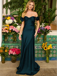 Sheath/Column Off Shoulder Sweetheart Corset Satin Long Prom Dresses with Bows Women Formal Gowns