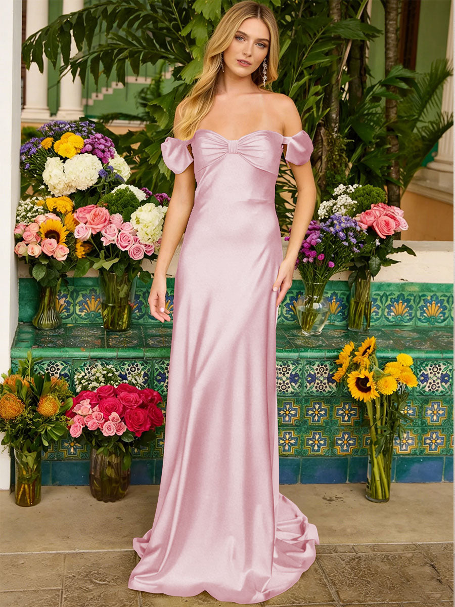 Sheath/Column Off Shoulder Sweetheart Corset Satin Long Prom Dresses with Bows Women Formal Gowns