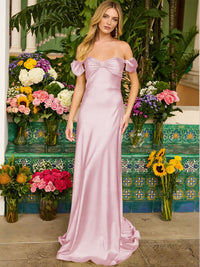Sheath/Column Off Shoulder Sweetheart Corset Satin Long Prom Dresses with Bows Women Formal Gowns