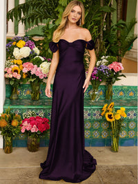 Sheath/Column Off Shoulder Sweetheart Corset Satin Long Prom Dresses with Bows Women Formal Gowns