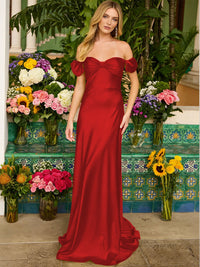 Sheath/Column Off Shoulder Sweetheart Corset Satin Long Prom Dresses with Bows Women Formal Gowns